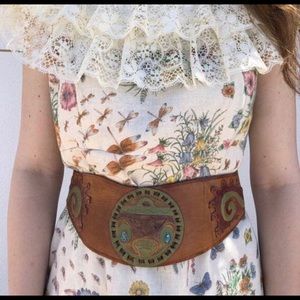 Vintage leather tooled belt Aztec turquoise inlay